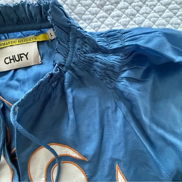 Chufy Kathmandu Heights Silk Embroidered Boho Blouse Blue Size L - Picture 3 of 10